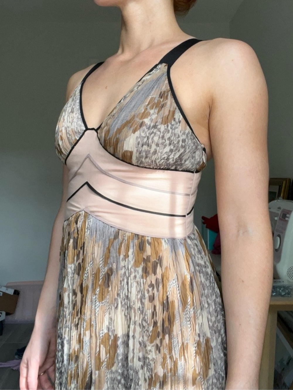 100% Silk Midi Dress in Brown & Pink